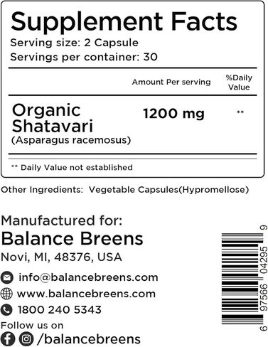 Organic Shatavari 1200mg, 60 Capsules - Lactation Support Vitamins, Hormonal Balance for Women, Asparagus Racemosus Root (Pack of 3) in Kuwait