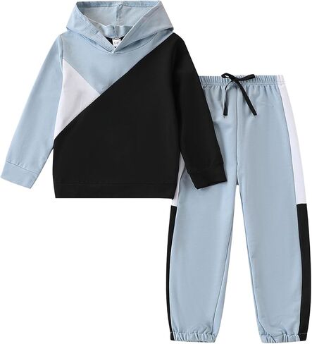 Boys Clothes 2pcs Tween Boy Color Block Hoodie + Pants Little Boys Fall Winter Outfits Set, 4-12 Years in Kuwait