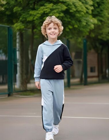 Boys Clothes 2pcs Tween Boy Color Block Hoodie + Pants Little Boys Fall Winter Outfits Set, 4-12 Years in Kuwait