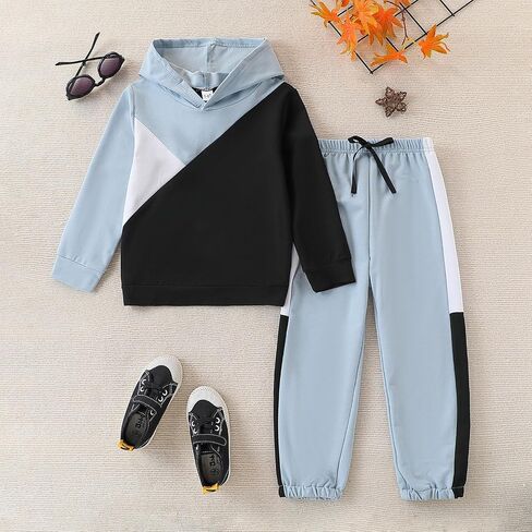 Boys Clothes 2pcs Tween Boy Color Block Hoodie + Pants Little Boys Fall Winter Outfits Set, 4-12 Years in Kuwait