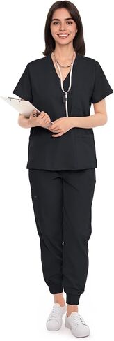 SUNME Scrubs for Women Set, V-Neck Scrub Top & Jogger Pants Medical Uniform with 9 Pockets, Yoga Waistband in Saudi Arabia