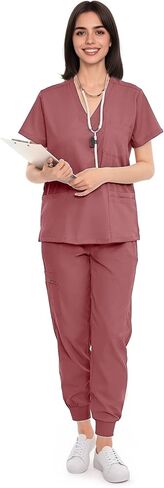 SUNME Scrubs for Women Set, V-Neck Scrub Top & Jogger Pants Medical Uniform with 9 Pockets, Yoga Waistband in Kuwait