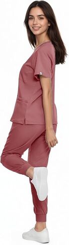 SUNME Scrubs for Women Set, V-Neck Scrub Top & Jogger Pants Medical Uniform with 9 Pockets, Yoga Waistband in Kuwait