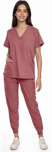 SUNME Scrubs for Women Set, V-Neck Scrub Top & Jogger Pants Medical Uniform with 9 Pockets, Yoga Waistband in Kuwait