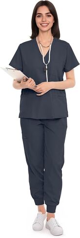 SUNME Scrubs for Women Set, V-Neck Scrub Top & Jogger Pants Medical Uniform with 9 Pockets, Yoga Waistband in Kuwait
