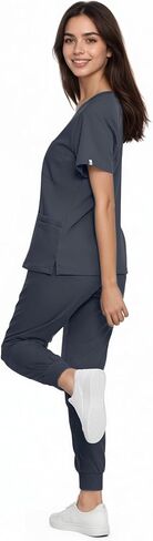 SUNME Scrubs for Women Set, V-Neck Scrub Top & Jogger Pants Medical Uniform with 9 Pockets, Yoga Waistband in Kuwait