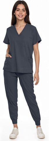 SUNME Scrubs for Women Set, V-Neck Scrub Top & Jogger Pants Medical Uniform with 9 Pockets, Yoga Waistband in Kuwait