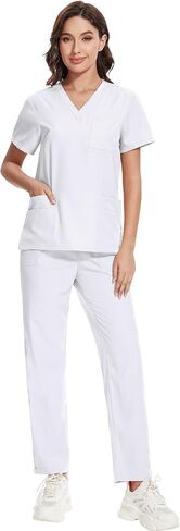 niaahinn Scrub for Women -Stretch Collar Neck Scrub Top & Yogga Cargo Pants, Yogga Waistband，10 Pocket in Kuwait