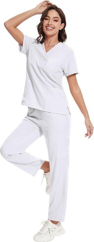 niaahinn Scrub for Women -Stretch Collar Neck Scrub Top & Yogga Cargo Pants, Yogga Waistband，10 Pocket in Kuwait