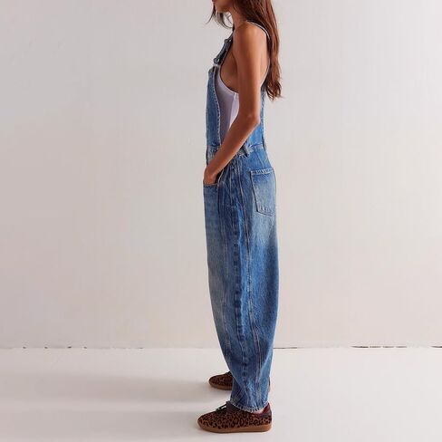 utcoco Womens Denim Overalls Loose Fit Barrel Leg Adjustable Strap Hip Hop Jean Jumpsuits in Saudi Arabia