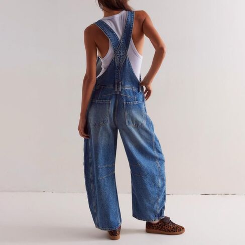 utcoco Womens Denim Overalls Loose Fit Barrel Leg Adjustable Strap Hip Hop Jean Jumpsuits in Saudi Arabia