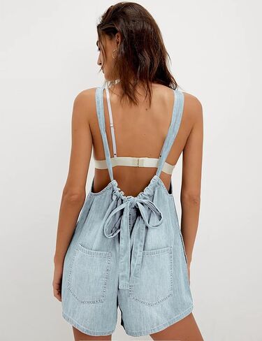 Denim Romper Overall Shorts for Women Adjustable Strap Tie Backless Jean Rompers Bib Shortalls with Pockets Summer in Saudi Arabia