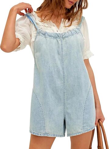 Denim Romper Overall Shorts for Women Adjustable Strap Tie Backless Jean Rompers Bib Shortalls with Pockets Summer in Saudi Arabia