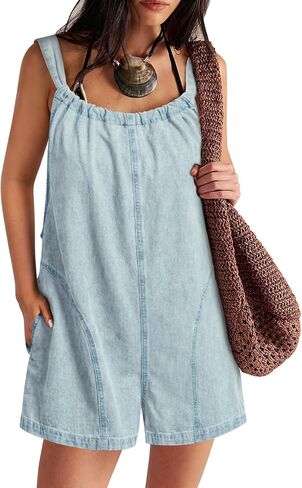 Denim Romper Overall Shorts for Women Adjustable Strap Tie Backless Jean Rompers Bib Shortalls with Pockets Summer in Saudi Arabia