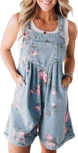 yoeasy Women Casual Denim Bib Shorts Overalls Sleeveless Adjustable Straps Wide Leg Boho Floral Printed Baggy Rompers in Saudi Arabia