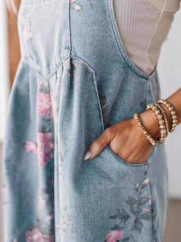 yoeasy Women Casual Denim Bib Shorts Overalls Sleeveless Adjustable Straps Wide Leg Boho Floral Printed Baggy Rompers in Saudi Arabia