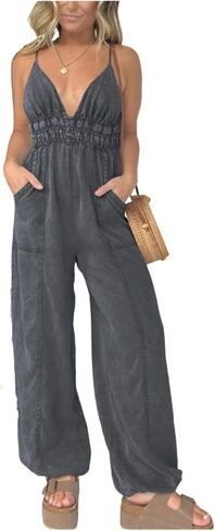 Yoeasy Women's V Neck Strap Tencel Denim Bemsuit Lightweight Wide Legens بشكل عام مع جيوب in Saudi Arabia