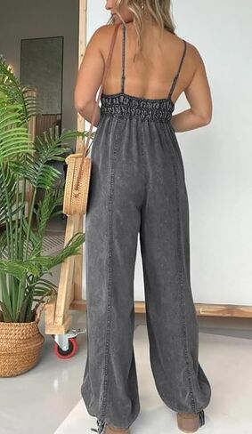 Yoeasy Women's V Neck Strap Tencel Denim Bemsuit Lightweight Wide Legens بشكل عام مع جيوب in Saudi Arabia