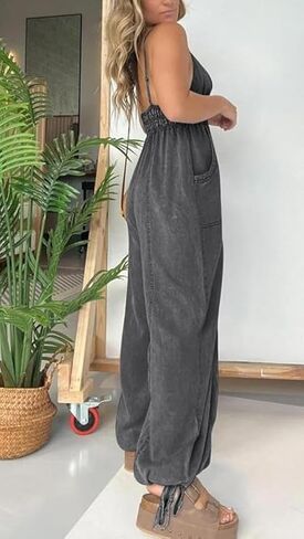 Yoeasy Women's V Neck Strap Tencel Denim Bemsuit Lightweight Wide Legens بشكل عام مع جيوب in Saudi Arabia