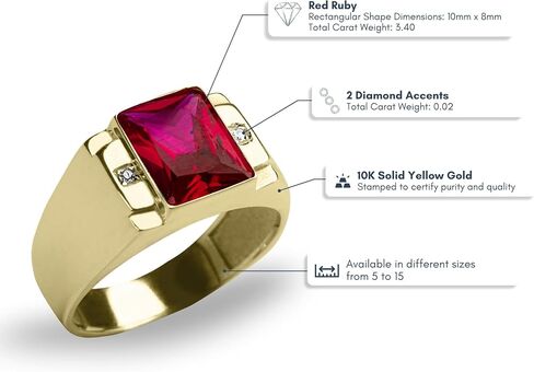 Blake’s Men's 10K Solid Yellow Gold Ring with Baguette-Cut Gemstone Center - Sapphire, Emerald, Ruby, Citrine, Amethyst, or Topaz - and Diamond Accents - Birthstone Fine Jewelry Gift for Him or Dad (Sizes 5-15) in Saudi Arabia