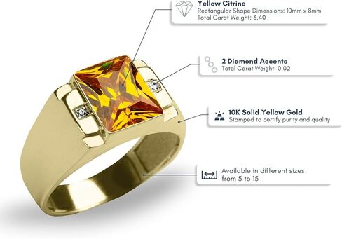 Blake’s Men's 10K Solid Yellow Gold Ring with Baguette-Cut Gemstone Center - Sapphire, Emerald, Ruby, Citrine, Amethyst, or Topaz - and Diamond Accents - Birthstone Fine Jewelry Gift for Him or Dad (Sizes 5-15) in Saudi Arabia