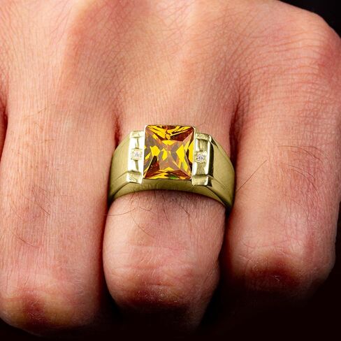 Blake’s Men's 10K Solid Yellow Gold Ring with Baguette-Cut Gemstone Center - Sapphire, Emerald, Ruby, Citrine, Amethyst, or Topaz - and Diamond Accents - Birthstone Fine Jewelry Gift for Him or Dad (Sizes 5-15) in Saudi Arabia