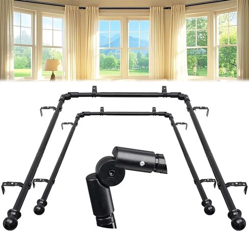 Corner Window Curtain Rods, L Shape Heavy Duty Curved Curtain Rods for Corner Windows with Brackets, 30-136" Adjustable for Bedroom, Living Room, Dinging Room, Black, 2 Pack in Kuwait