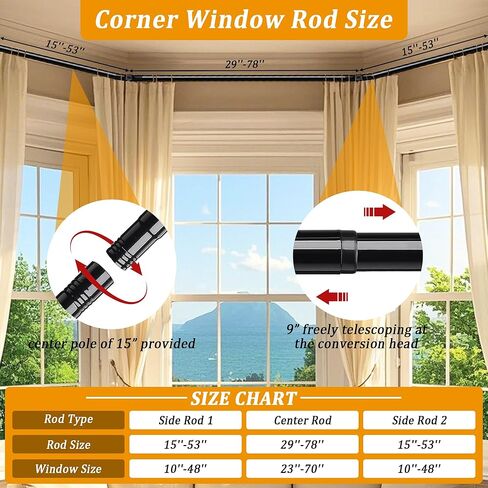 Corner Window Curtain Rods, L Shape Heavy Duty Curved Curtain Rods for Corner Windows with Brackets, 30-136" Adjustable for Bedroom, Living Room, Dinging Room, Black, 2 Pack in Kuwait