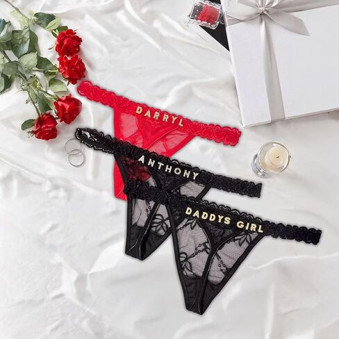 2-Pack Custom Thongs With Name on It, Personalized Name Panties Hand-Sewn Rhinestone Underwear for Women Valentines Day Black in Saudi Arabia