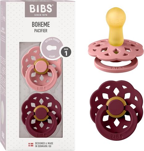 BIBS Pacifiers 0-6 Months | Boheme Collection 2-Pack | BPA-Free Round Nipple | Made in Denmark | Dusty Pink/Elderberry Color Pacifier in Saudi Arabia