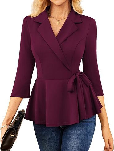 GRACE KARIN 2025 Women's Wrap V Neck Peplum Tops Elegant 3/4 Sleeve Dressy Casual Blouses Work Business Tie Front Shirt in Saudi Arabia
