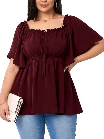 SCOMCHIC Women's Plus Size Blouse Summer Peplum Tops Short Sleeve Square Neck Ruffle Casual Blouses Babydoll Top Shirts in Saudi Arabia
