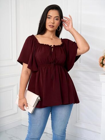 SCOMCHIC Women's Plus Size Blouse Summer Peplum Tops Short Sleeve Square Neck Ruffle Casual Blouses Babydoll Top Shirts in Saudi Arabia