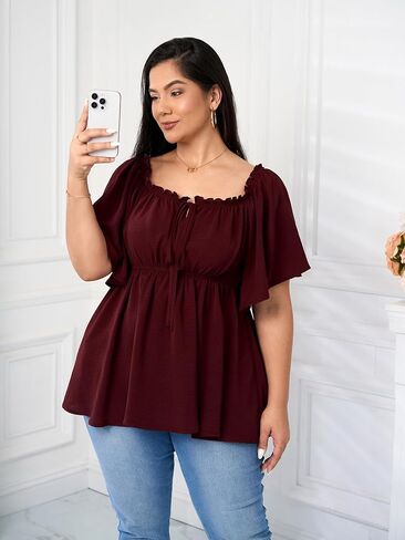 SCOMCHIC Women's Plus Size Blouse Summer Peplum Tops Short Sleeve Square Neck Ruffle Casual Blouses Babydoll Top Shirts in Saudi Arabia