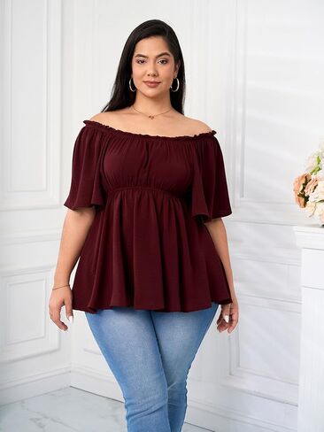 SCOMCHIC Women's Plus Size Blouse Summer Peplum Tops Short Sleeve Square Neck Ruffle Casual Blouses Babydoll Top Shirts in Saudi Arabia