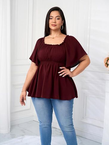 SCOMCHIC Women's Plus Size Blouse Summer Peplum Tops Short Sleeve Square Neck Ruffle Casual Blouses Babydoll Top Shirts in Saudi Arabia