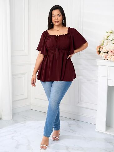 SCOMCHIC Women's Plus Size Blouse Summer Peplum Tops Short Sleeve Square Neck Ruffle Casual Blouses Babydoll Top Shirts in Saudi Arabia