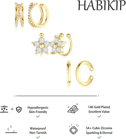 Gold Ear Cuff Earrings for Women, Dainty 14K Gold Plated Ear Cuffs Non Pierced Trendy Cubic Zirconia Cartilage Hoop Earring Fashion Jewelry Sets for Women in Saudi Arabia