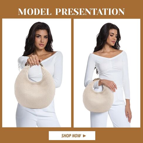 Straw Bag for Women Crescent Bag, Boho Chic Summer Beach Braided Tote Purse Lightweight & Stylish Top Handle Handbag in Kuwait