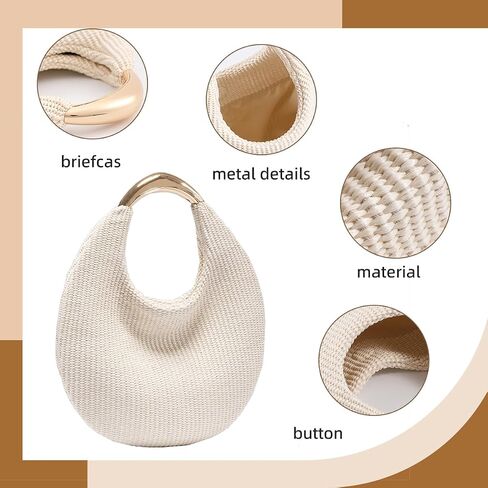 Straw Bag for Women Crescent Bag, Boho Chic Summer Beach Braided Tote Purse Lightweight & Stylish Top Handle Handbag in Kuwait
