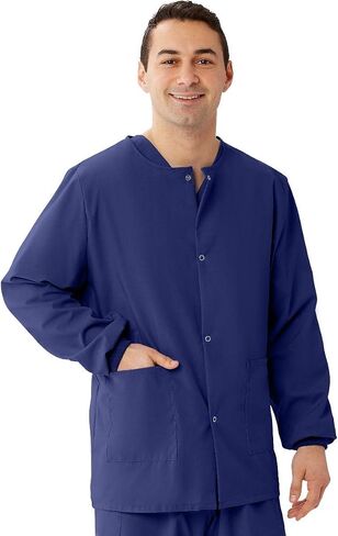 Medline AngelStat Snap-Front Warm-Up Scrub Jacket, Large, Navy in Saudi Arabia