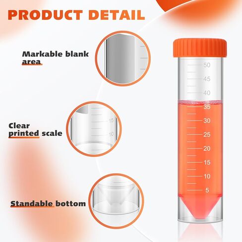 100 Pack 50ml Self Standing Centrifuge Tubes 28 x 116 mm Plastic Test Tubes with Caps Skirted Conical Tubes Vials with Screw Cap, Graduated Marks for Science Experiments, Liquids, Party Supplies in Kuwait