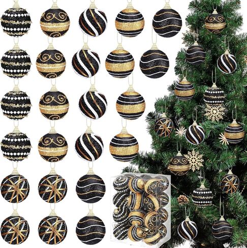 24 Pcs Christmas Ball Ornaments Black and White Christmas Tree Decoration Ornaments 2.36 Inches Glitter Plastic Stripe Dot Snowflake Hanging Decoration for Home Indoor in Saudi Arabia