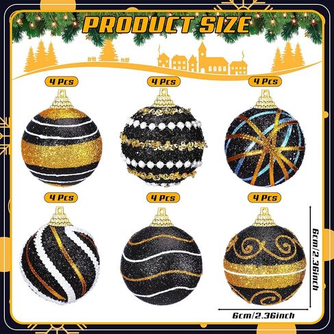 24 Pcs Christmas Ball Ornaments Black and White Christmas Tree Decoration Ornaments 2.36 Inches Glitter Plastic Stripe Dot Snowflake Hanging Decoration for Home Indoor in Saudi Arabia