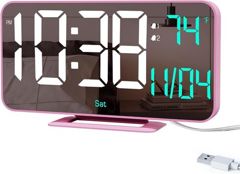 LED Clock Digital, 6.7" Small Mirror Clocks for Bedroom, Dual Alarm Clock with Auto Dimming, Time/Date/Day/Seconds/Temperature, 12/24 Hour Desk Clock for Kids, Teens Girls, Women(Creamy Pink) in Saudi Arabia