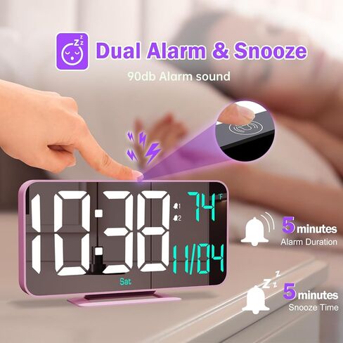 LED Clock Digital, 6.7" Small Mirror Clocks for Bedroom, Dual Alarm Clock with Auto Dimming, Time/Date/Day/Seconds/Temperature, 12/24 Hour Desk Clock for Kids, Teens Girls, Women(Creamy Pink) in Saudi Arabia