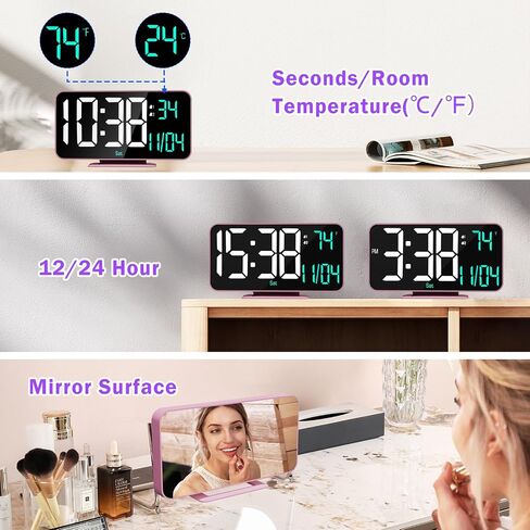 LED Clock Digital, 6.7" Small Mirror Clocks for Bedroom, Dual Alarm Clock with Auto Dimming, Time/Date/Day/Seconds/Temperature, 12/24 Hour Desk Clock for Kids, Teens Girls, Women(Creamy Pink) in Saudi Arabia