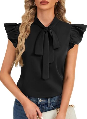 Rooscier Women's Bow Tie Neck Ruffle Cap Sleeve Elegant Office Blouse Shirt Tops in Saudi Arabia