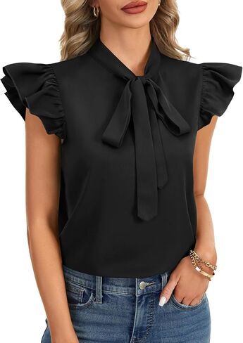 Rooscier Women's Bow Tie Neck Ruffle Cap Sleeve Elegant Office Blouse Shirt Tops in Saudi Arabia