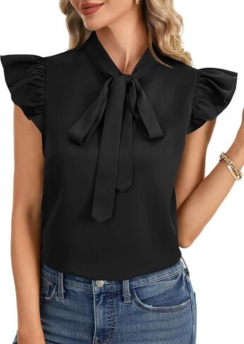 Rooscier Women's Bow Tie Neck Ruffle Cap Sleeve Elegant Office Blouse Shirt Tops in Saudi Arabia